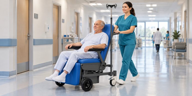 Hemşirenin hastane koridorunda LEOCARE hasta taşıma koltuğuyla hastayı taşıdığı temsili sahne
